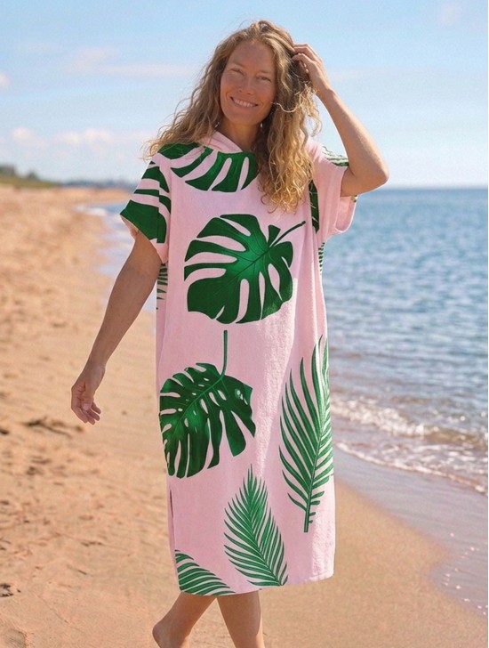 Tropical Leaves Print Hoodie Robe